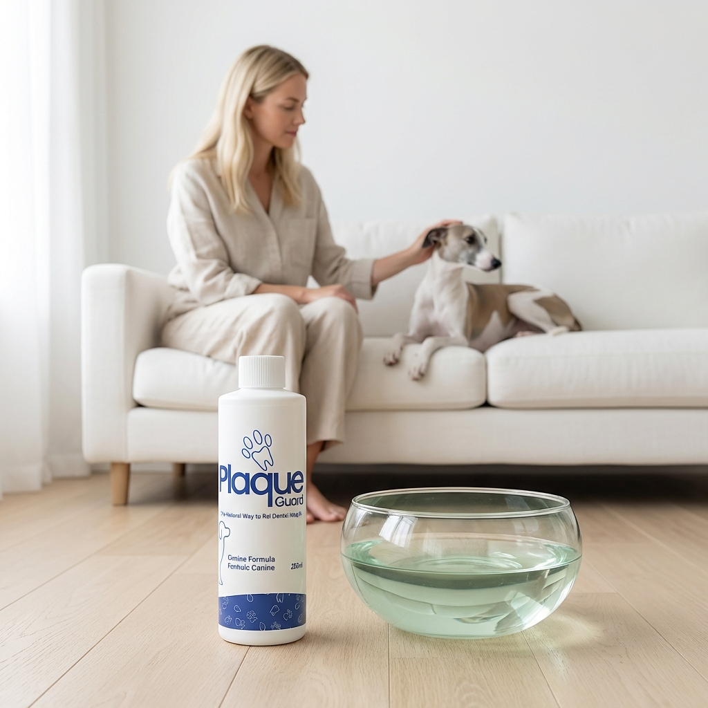 Woman sitting on a couch with a dog, Plaque Guard bottle, and fishbowl in a room.