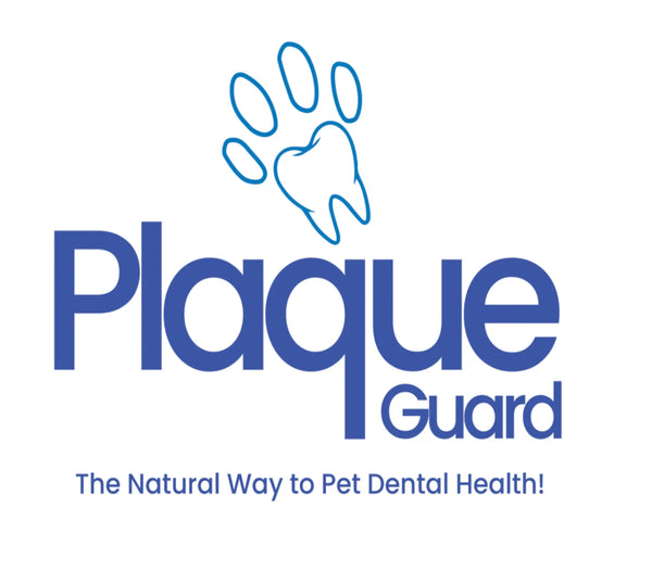 Plaque Guard pet dental health logo with tooth and paw graphic, tagline 'The Natural Way to Pet Dental Health!'